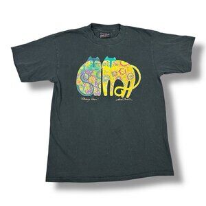 Vintage Laurel Burch Shirt Adult L Black Flower Felines Cat Art Made USA 90s Tee